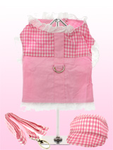 Pink Gingham Harness, Lead & Matching Cap - This gingham and lace harness is another unique style from UrbanPup. Made from fully-lined 100% soft cotton, this beautiful harness is just too cute for words. It has a sturdy reinforced D-Ring and a double sized / double strength velcro for secure fastening. Matching lead and cap included to compli...
