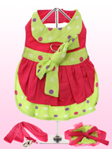 Hot Pink & Polka Dot Harness Dress, Lead & Hat - Get ready for the runway in this trendy little number! 100% cotton, hot pink and bright lime green with polka dots make this dress a real eye catcher. It has a sturdy reinforced D-Ring and a double sized / double strength velcro for comfortable and secure fastening. This harness dress set comes comp...