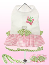 Butterfly Harness Dress, Lead & Hat - This adorable couture dress has a gathered pink gingham outer skirt and a green gingham tulle underskirt. We've adorned the waistline with little green gingham leaves, pink satin bows and embroidered a colourful butterfly on the body. It has a sturdy reinforced D-Ring and a double sized / double str...