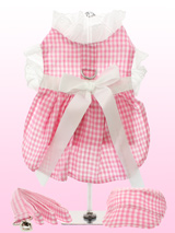 Over The Rainbow Gingham Harness Dress, Lead & Cap - This sweet little pink gingham harness dress set is made from 100% soft cotton and is fully lined. It is belted with a white satin ribbon and has delicate white eyelet lace trimming the neck and arms. It has a sturdy reinforced D-Ring and a double sized / double strength velcro for comfortable and s...