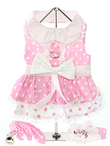 Baby Pink Polka Dot Harness Dress, Lead & Hat - Made from 100% light weight cotton, this baby pink polka dot harness dress has an adorable two tiered skirt and a collar trimmed in delicate lace. It has a sturdy reinforced D-Ring and a double sized / double strength velcro for comfortable and secure fastening. This harness dress set comes complete...