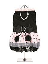 Pink Harness Mini Dress & Lead Set - This mini dress is just adorable with its pretty pink pleated skirt and black lace trim. The dress has two velcro fastenings on its underside that make it easy to put on and take off. The dress is completed with a sturdy D-ring for easy lead attachment. Matching lead included.