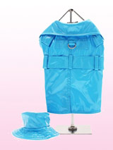 Turquoise Raincoat with Hat - This waterproof patent raincoat has a stylish striped lining and reinforced D-ring for easy lead attachment. It's an up-to-the-minute fashion garment that features a soft inner net that will make your dog feel comfortable (matching hat included).