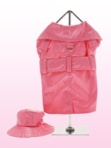 Pink Raincoat with Hat - This waterproof patent raincoat has a stylish striped lining and reinforced D-ring for easy lead attachment. It's an up-to-the-minute fashion garment that features a soft inner net that will make your dog feel comfortable (matching hat included).