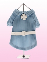 Blue Cable Knit Sweater - This stylish longer one piece knitted cable pattern jumper with half sleeves and crew neck has a white belt and lucky four leaf clover. It is guaranteed to keep your pet warm and looking good. It is beautifully cut and of the highest quality.