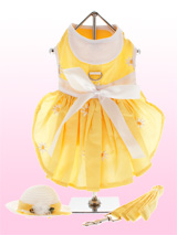 Yellow Daisy Dress - This adorable Yellow Daisy Dress set features embroidered daisies through out and is fully lined. It is belted with a large white satin bow and comes with a sweet soft weaved hat with a matching hatband. There is a strip of super strong nylon down the centre where the D-ring is attached for strength...