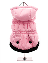 Pink Quilted Coat with Hood - This hooded coat is perfect for those chillier days. Practical and fashionable in girly pink trimmed with a black elasticised ribbed hem for a nice neat fit with two black buttons on the outside faux pockets. The soft fleece lining will certainly keep your pup snug and warm. 