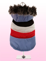 Blue & Red Stripe Luxury Ski Parka - This multi-colour ski parka gives the ultimate feeling of luxury with its faux fur hood. The elasticised arms and hem give the Ski Parka a neat fit that will keep the cold and wind at bay. The buttons on the underside make it easy to take on and off your pup, while the soft fleece lining will keep y...