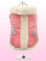 Pink Suede Body Coat - An elegant, soft faux suede coat that it perfect for that classy pup. The white fur trim creates a real princess feel, while the silver pockets add a glamorous touch. The pop-on pop-off buttons on the underside make it easy to take on and off your dog.