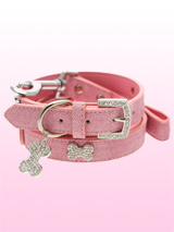 Pink Leather Diamante Collar / Diamante Bone Charm & Lead Set - Sparkling Bling Collar & Lead Set. This textured pink leather collar with a stitched edging has a crystal encrusted buckle with three large / bling sparkling diamante bones and a large sparkling diamante charm complete the look. Truly, a glamorous addition to the wardrobe of any trendy pooch. Matchi...