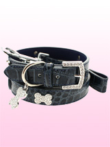 Blue Crocodile Leather Diamante Collar / Diamante Bone Charm & Lead Set - Sparkling Bling Collar & Lead Set. This crocodile textured blue leather collar with a stitched edging has a crystal encrusted buckle with three large / bling sparkling diamante bones and a large sparkling diamante charm complete the look. Truly, a glamorous addition to the wardrobe of any trendy poo...