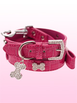 Bruiser's Legally Blonde Pink Leather Diamante Collar / Diamante Bone Charm & Lead Set - The Crocodile Pink Daimante Collar as worn by Bruiser the Chihuahua in Legally Blonde The Musical, currently starring at the Savoy Theatre in London's West End.The Bruiser Crocodile Pink Diamante Collar has a crystal encrusted buckle with three sparkling diamante studded silver bones and a sparkling...