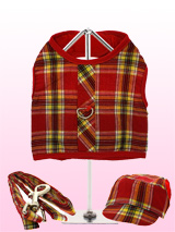 Red / Yellow Tartan Harness, Lead & Matching Cap - A very smart tartan harness made from durable, fully lined high-gauge cotton. It has a sturdy reinforced D-Ring and a double sized / double strength velcro for secure fastening. Matching lead and cap included to compliment the set.