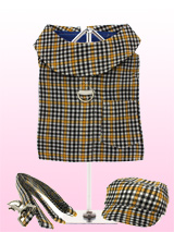 Black & Yellow Checked Harness, Lead & Matching Cap - A very smart black and yellow checked harness made from durable, fully lined high-gauge cotton. It has a sturdy reinforced D-Ring and a double sized / double strength velcro for secure fastening. Matching lead and cap included to compliment the set.